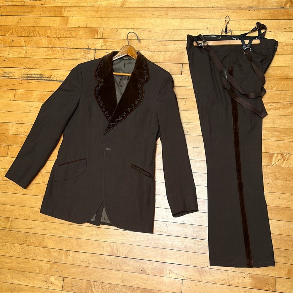 Vintage dark brown suit with suspenders velvet embroidered lapel and velvet trim